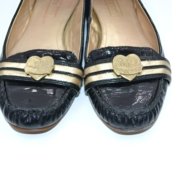 Coach Poppy Black Patent Leather Metallic Gold Logo Heart Flats Loafers Shoes 8 - Picture 4 of 9